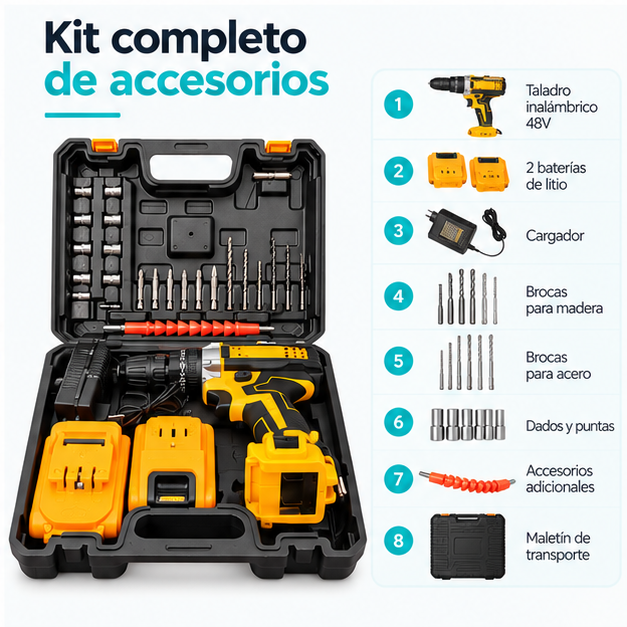 Taladro Inalámbrico 48V con Kit de Accesorios
