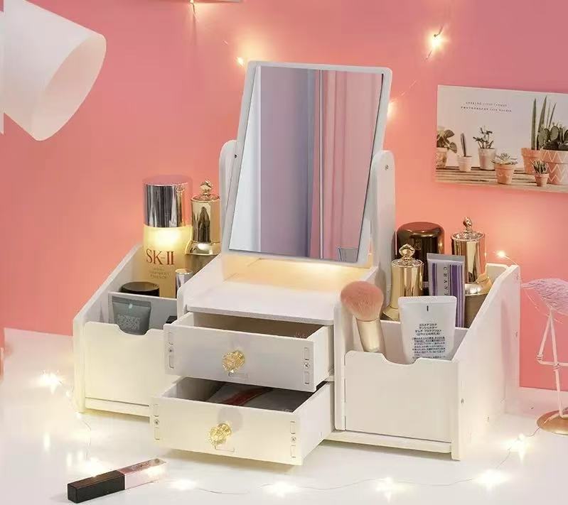 Caja organizadora de cosméticos con espejo giratorio 360