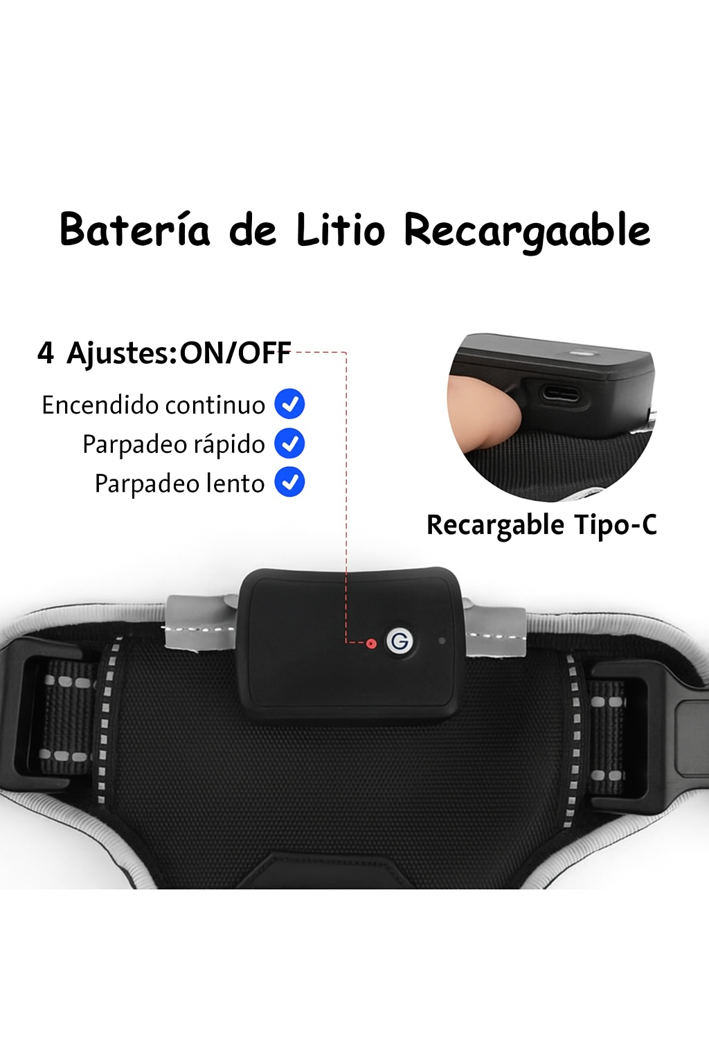 Detalle de la correa y hebilla del arnés LED para perro