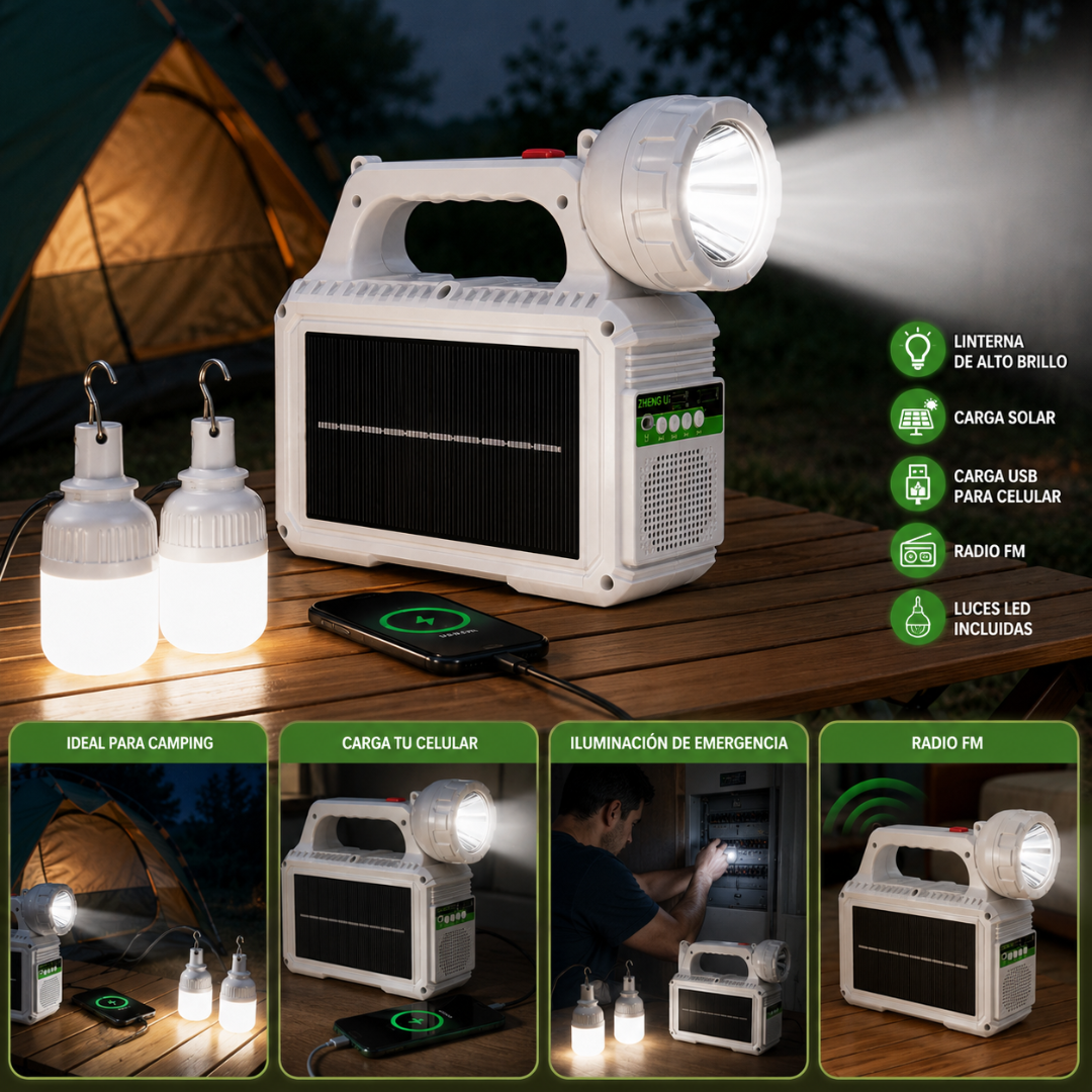 Linterna solar recargable multifuncional con radio