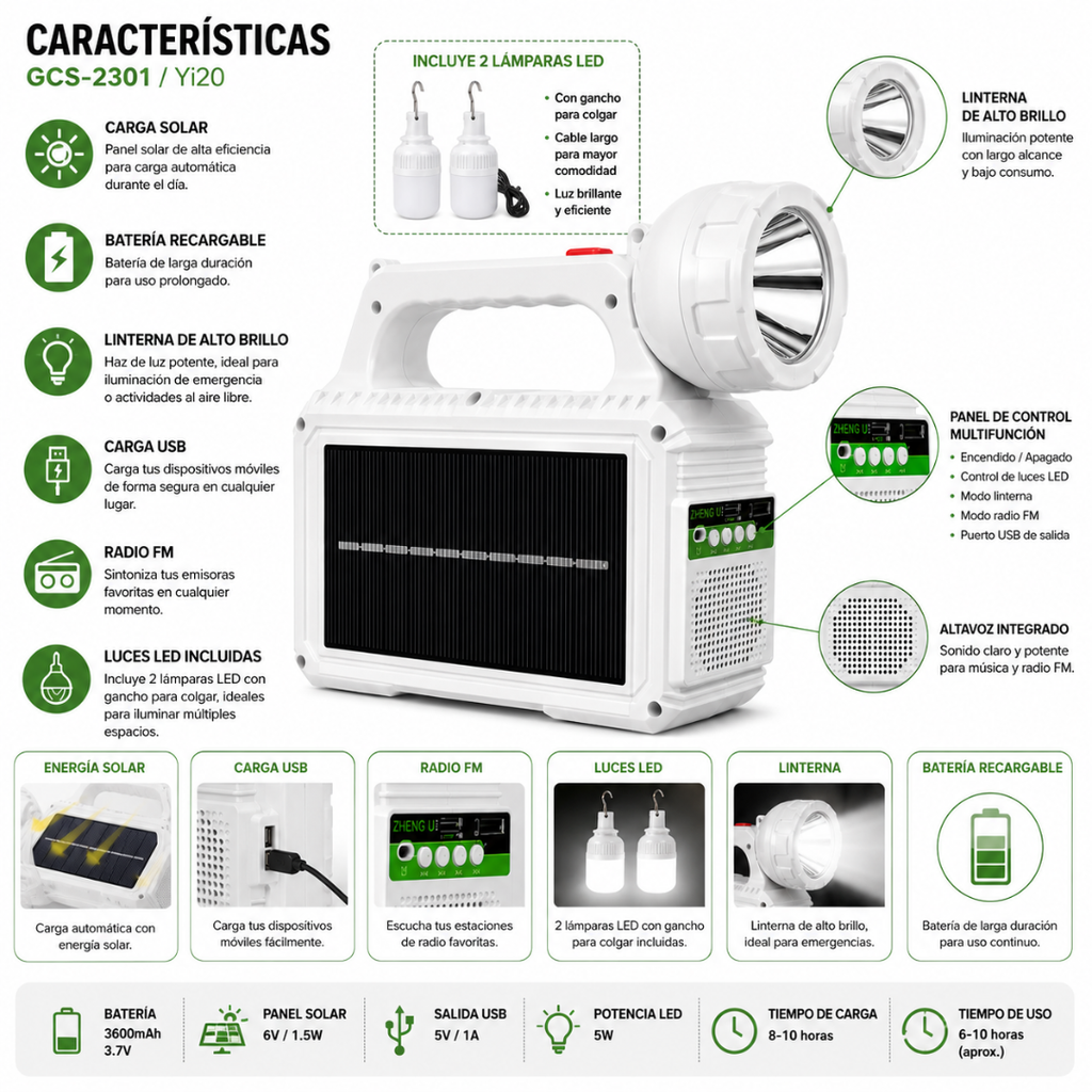 Linterna solar con panel para carga solar
