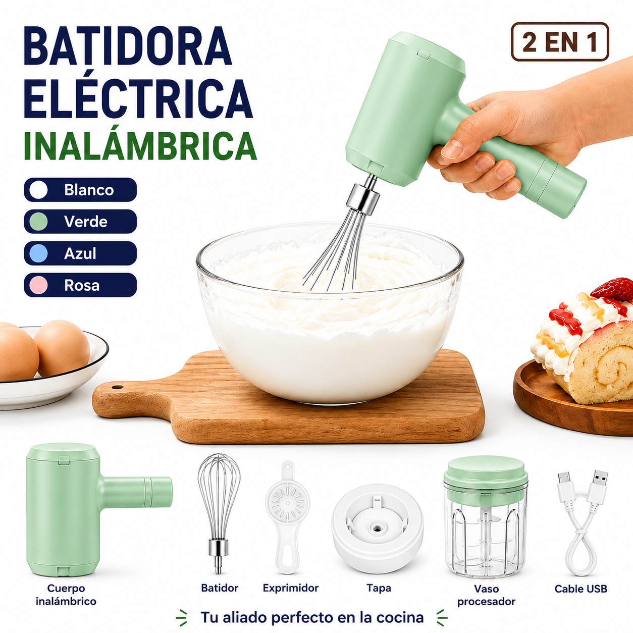 Batidora Eléctrica Inalámbrica 2 en 1