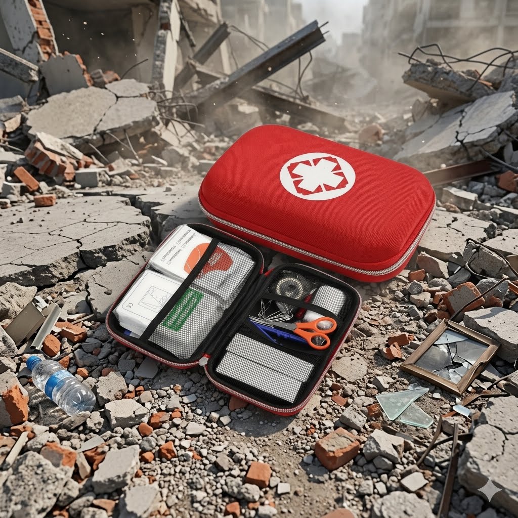 Kit de emergencia para sismos y terremotos con botíquín de primeros auxilios