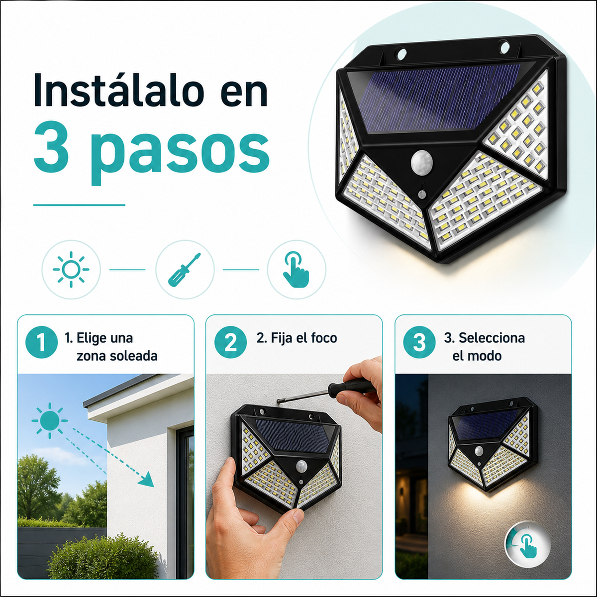 Foco solar 100 LED - guía