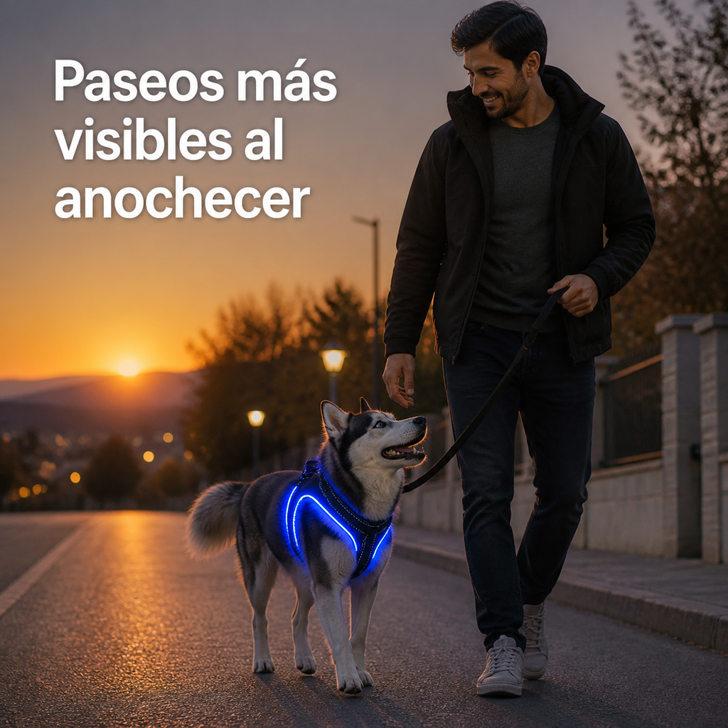 Perro usando arnés LED durante un paseo nocturno