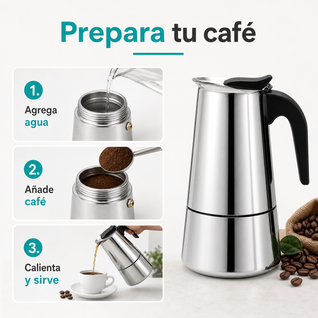 Cafetera Italiana Moka de Acero Inoxidable - guia