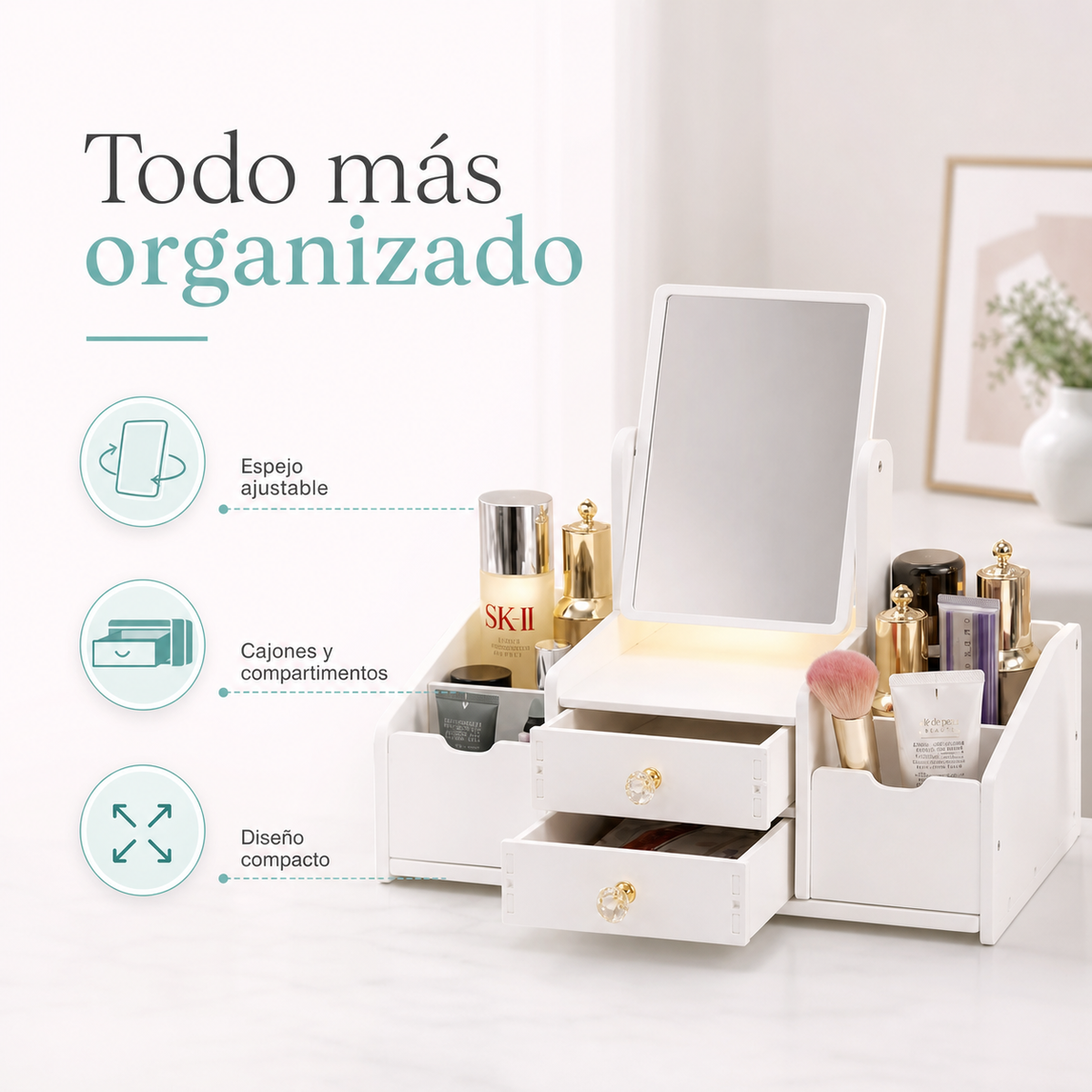 Caja Organizadora de Cosméticos con Espejo Giratorio 360° - beneficios
