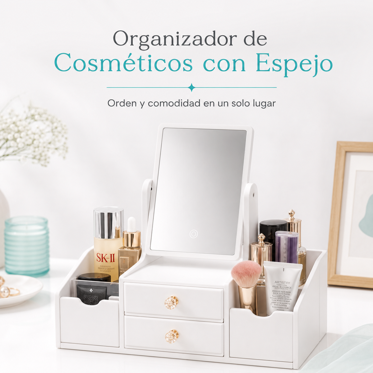 Caja Organizadora de Cosméticos con Espejo Giratorio 360° - portada