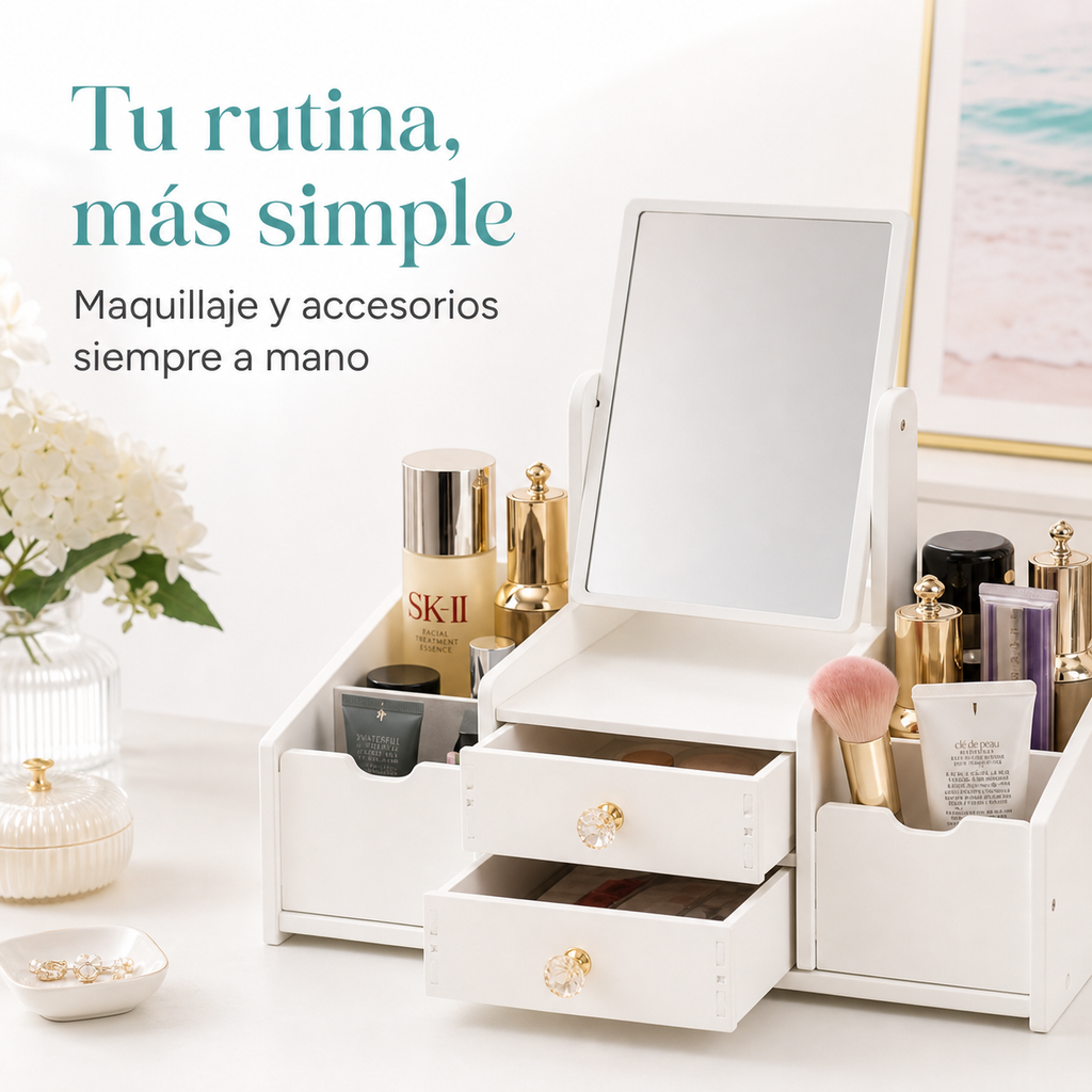Caja Organizadora de Cosméticos con Espejo Giratorio 360° - uso
