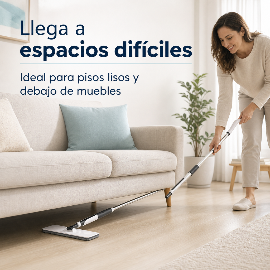 Mopa plana limpiando debajo de un sofá